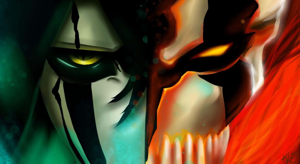 Bleach split-face wallpaper Ulquiorra teal hollow eye and Ichigo fiery Vasto Lorde form anime art