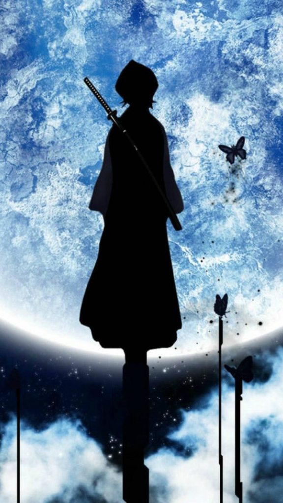 Bleach anime wallpaper Rukia Kuchiki silhouette with Zanpakuto blue moon Hell Butterflies background