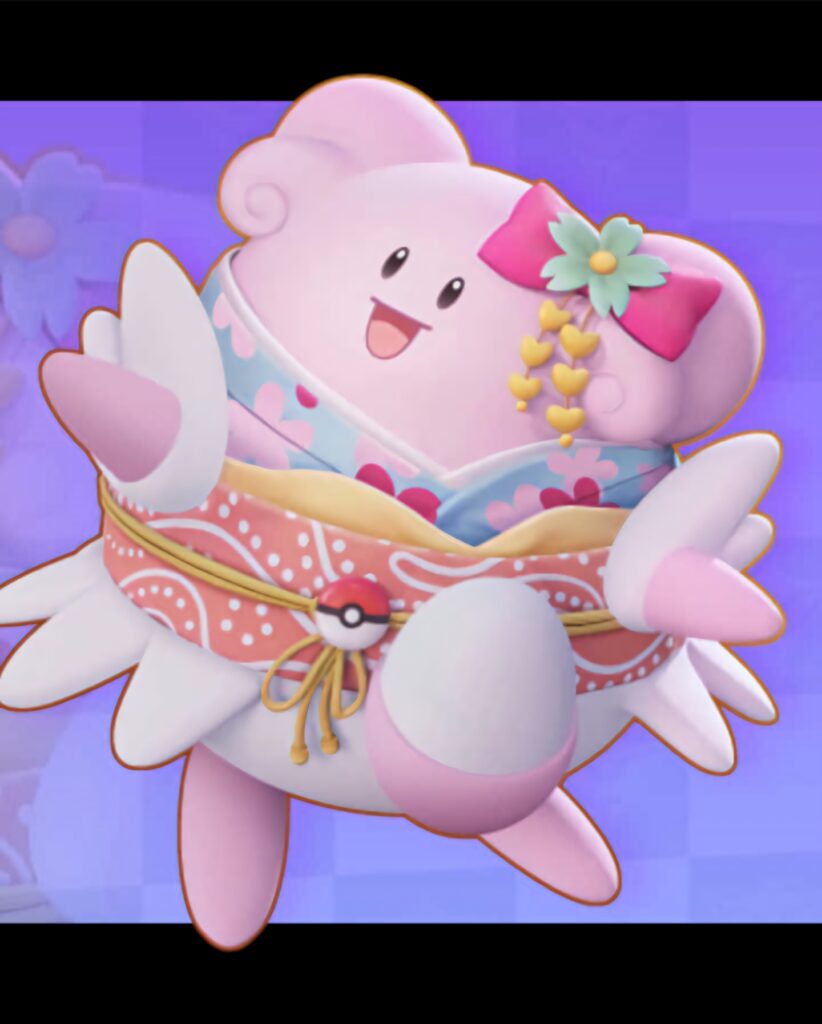 Blissey dancing joyfully in colorful kimono festive wallpaper background cheerful vibe