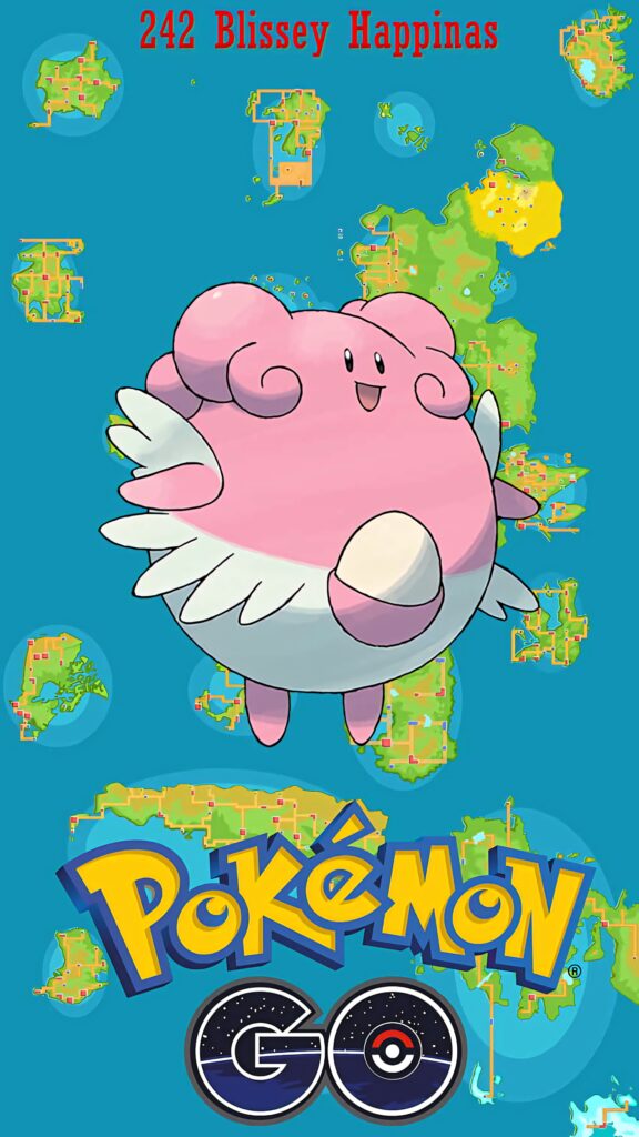 Blissey floating over vibrant island map with Pokémon Go logo colorful wallpaper background