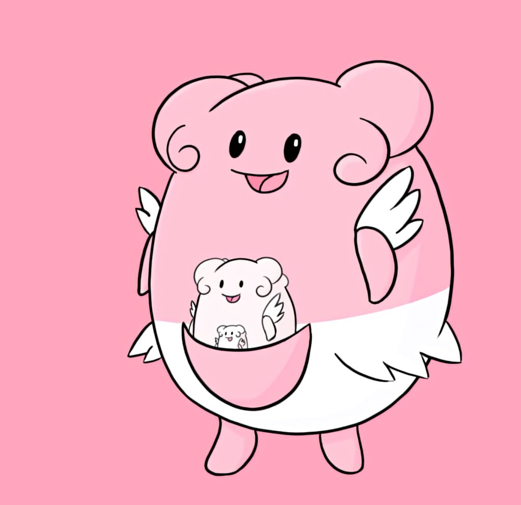 Playful Blissey wallpaper with infinite loop effect holding smaller Blissey in pink design