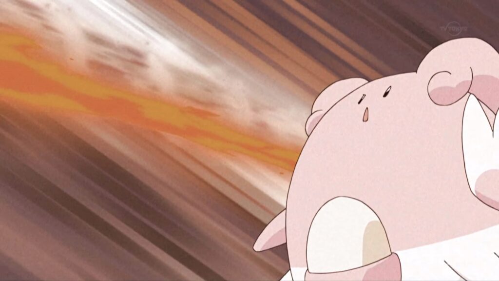 Blissey unleashing powerful attack dynamic action background vibrant Pokemon wallpaper