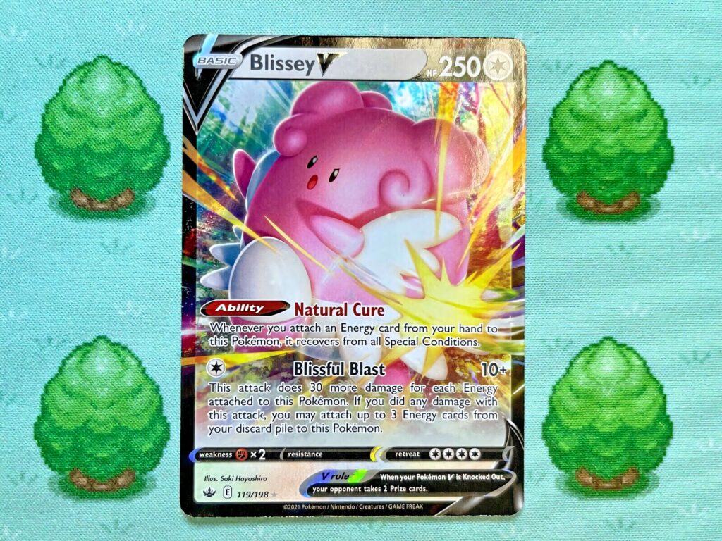 Blissey V Pokemon Trading Card wallpaper with pixelated green trees game-inspired background