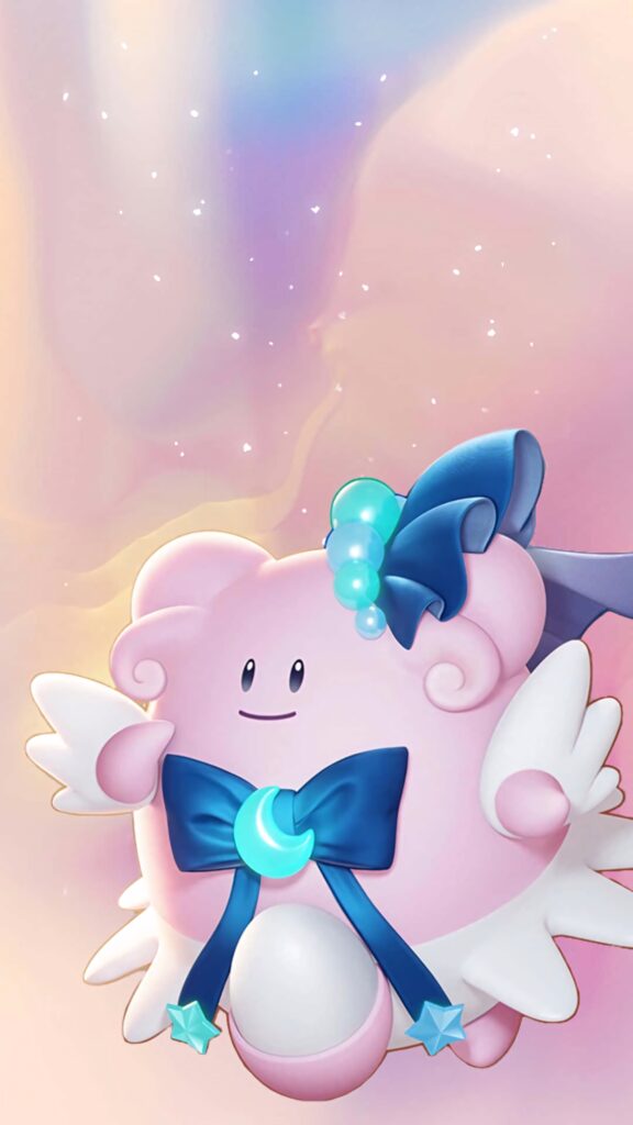 Blissey with blue ribbons on pastel background charming uplifting wallpaper illustration