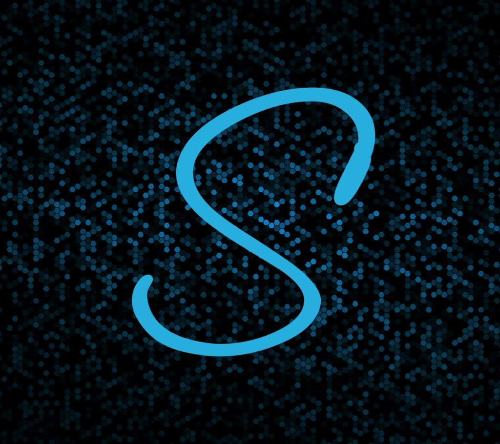 Sleek HD wallpaper with cyan cursive S on dark blue hexagonal grid background minimalist design