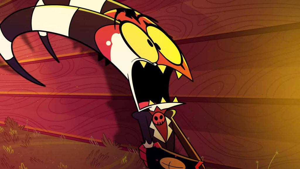 Blitzo Helluva Boss wallpaper with panicked imp expression warm tones rustic wooden background