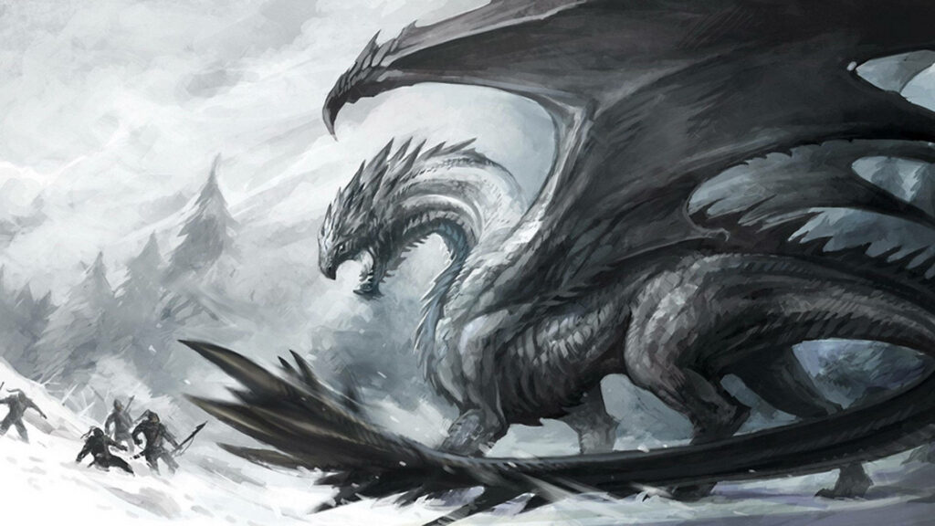 Fierce Battle in the Frozen Tundra: Three Valiant Fighters Clash with a Monstrous Blizzard Dragon - Majestic HD Dragon Background Wallpaper