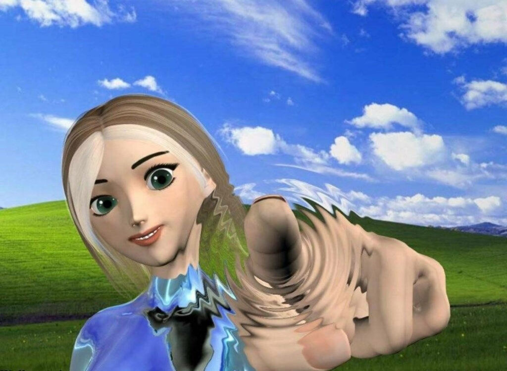 Windows Bliss: A Captivating 3D Animation Featuring a Radiant Blonde Woman amidst the Iconic Microsoft Windows Background Wallpaper