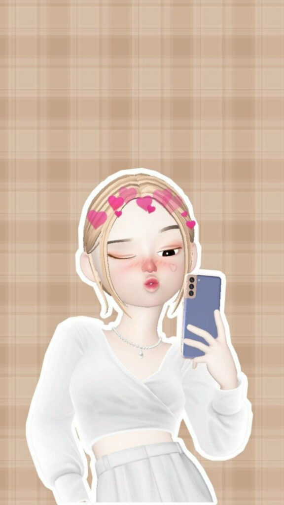 Blonde Beauty Strikes a Pose: Zepeto Fashionista Captures a Flirty Mirror Selfie in Heart Crown and Stylish Ensemble Wallpaper