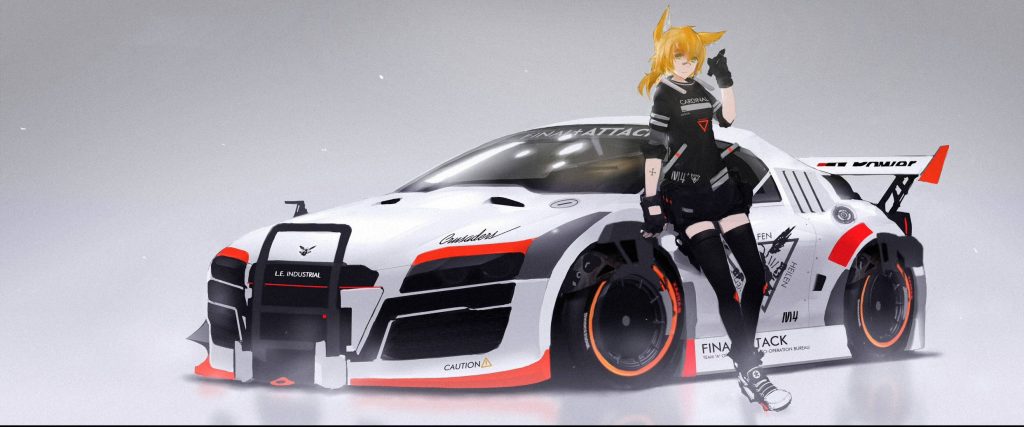 Blonde fox ear girl leans on white Audi R8 racer with orange accents and rugged bull bar anime wallpaper