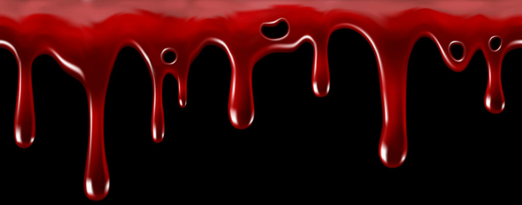 Hyper-realistic glossy crimson blood dripping on black 3D digital wallpaper background