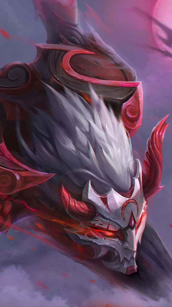 Blood Moon Zed close up with glowing red eyes metallic mask spiky white hair dark background wallpaper