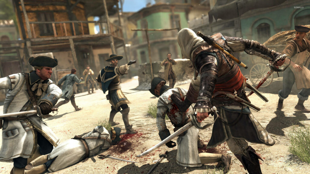 Bloodied Warriors: Intense Assassin's Creed Black Flag Combat Scene Immortalized Wallpaper