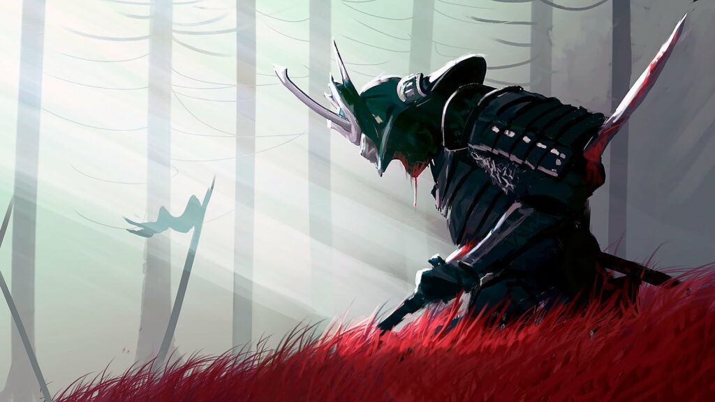 Blood-splattered Samurai: HD Fantasy Wallpaper with Armor, Sword, and Weapon