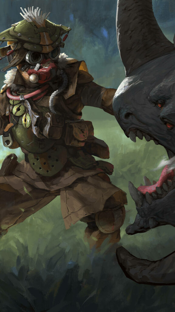 Bloodhound from Apex Legends confronts monstrous creature in dynamic intense phone wallpaper background