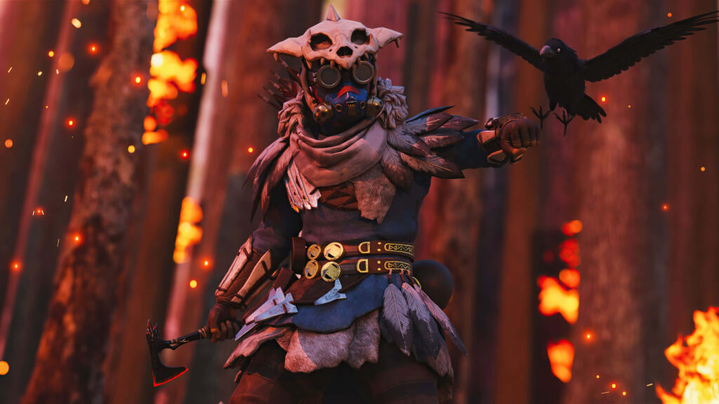 Bloodhound from Apex Legends in fiery forest holding raven with glowing embers intense wallpaper