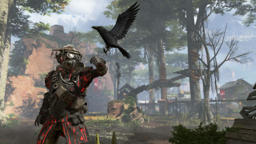 Bloodhound from Apex Legends in dense forest raising arm as raven flies showcasing hunter instincts Wallpaper