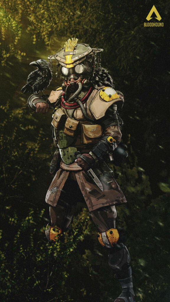 Bloodhound from Apex Legends in detailed armor with raven in lush forest wallpaper background
