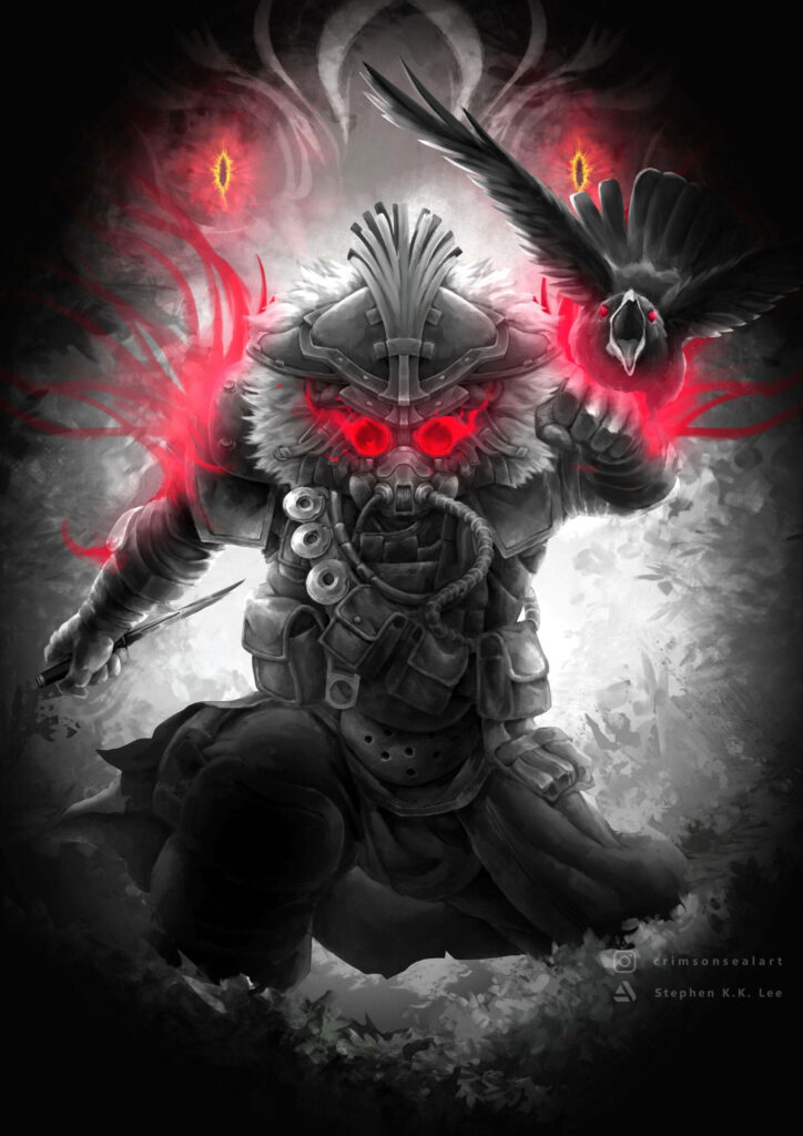 Bloodhound from Apex Legends in arena with red energy and raven companion intense wallpaper background