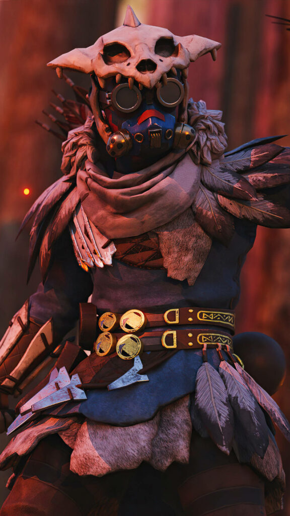 Bloodhound from Apex Legends in tribal armor and mask against dynamic atmospheric background wallpaper