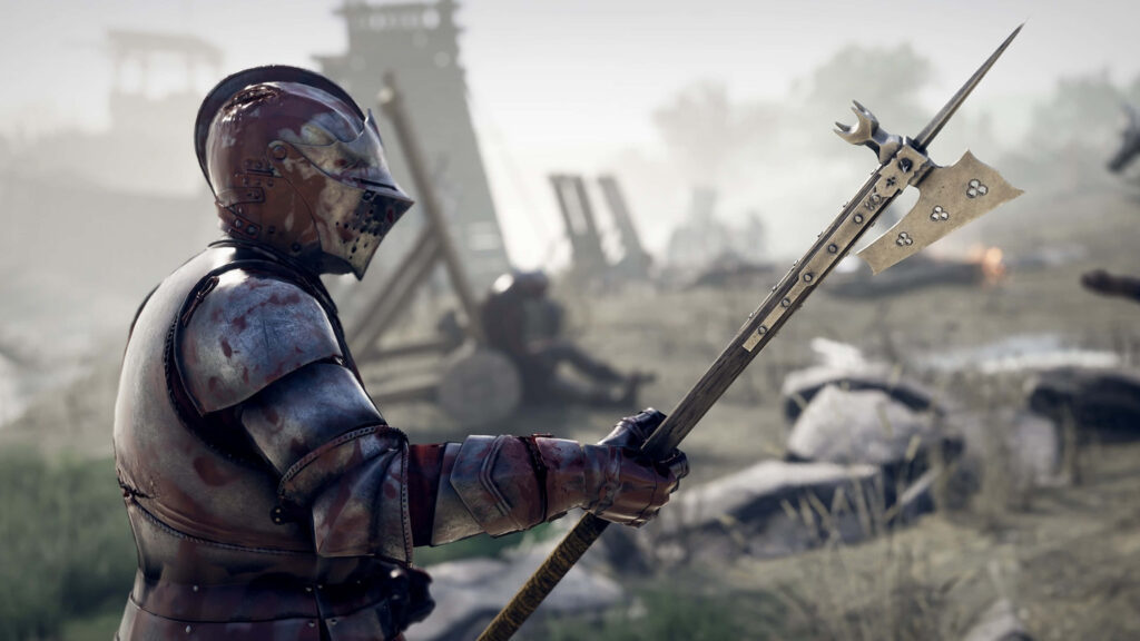 Medieval warrior on battlefield with blood-stained polearm - Mordhau game wallpaper