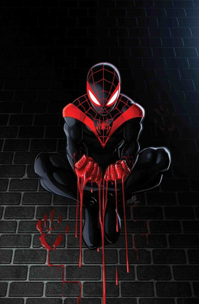 Unyielding Resilience: Spider-Man Miles Morales Basking in Victory Amidst a Blood-Strewn Battlefield Wallpaper