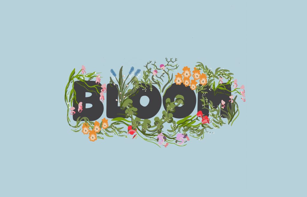 Aesthetic BLOOM wallpaper with bold text and vibrant orange blue pink flowers on light blue background