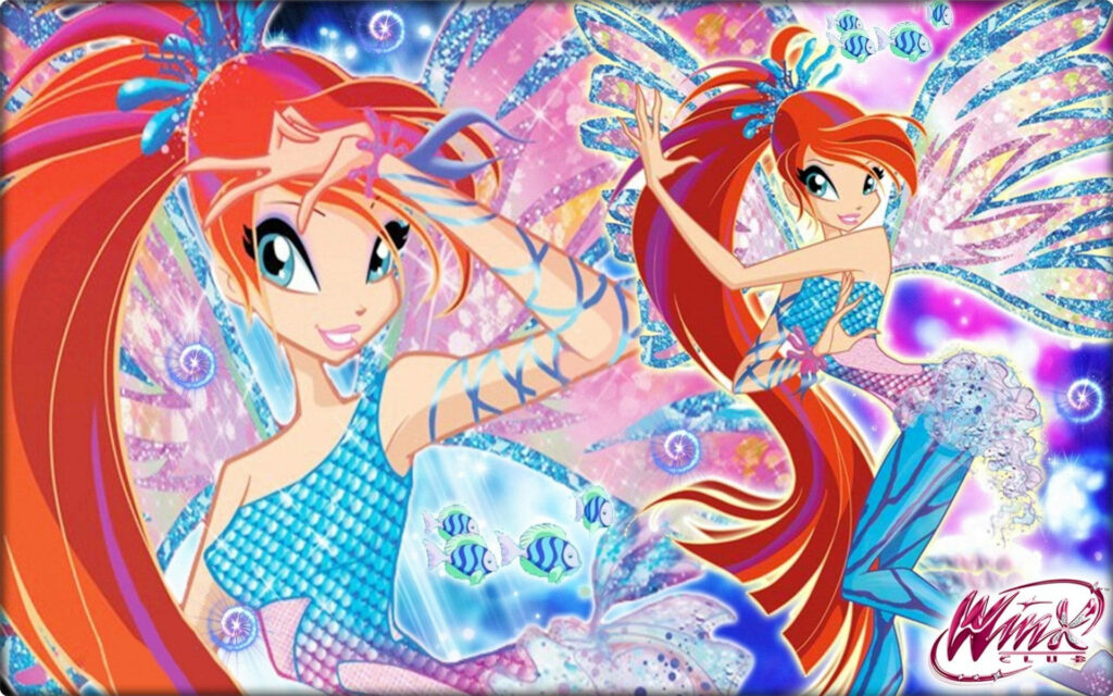 Sparkling Winx Club Member Bloom Shines in Cartoon Fantasy World Wallpaper