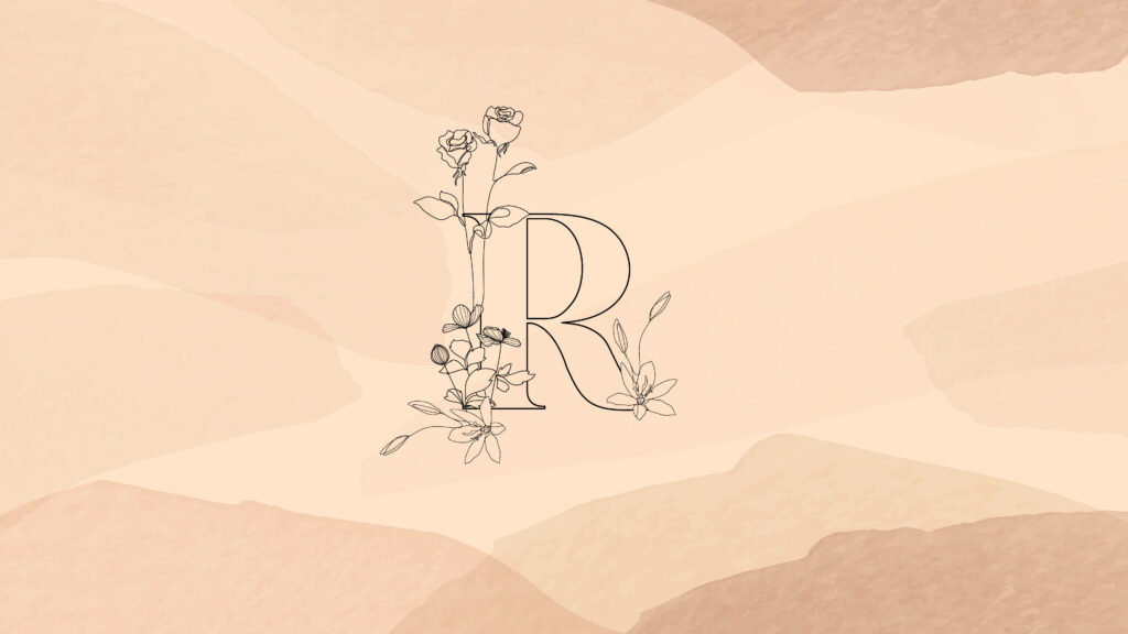 Floral Flourish: The Aesthetic Beige R Alphabet Wallpaper with Line Art and Flowers on Layered Background