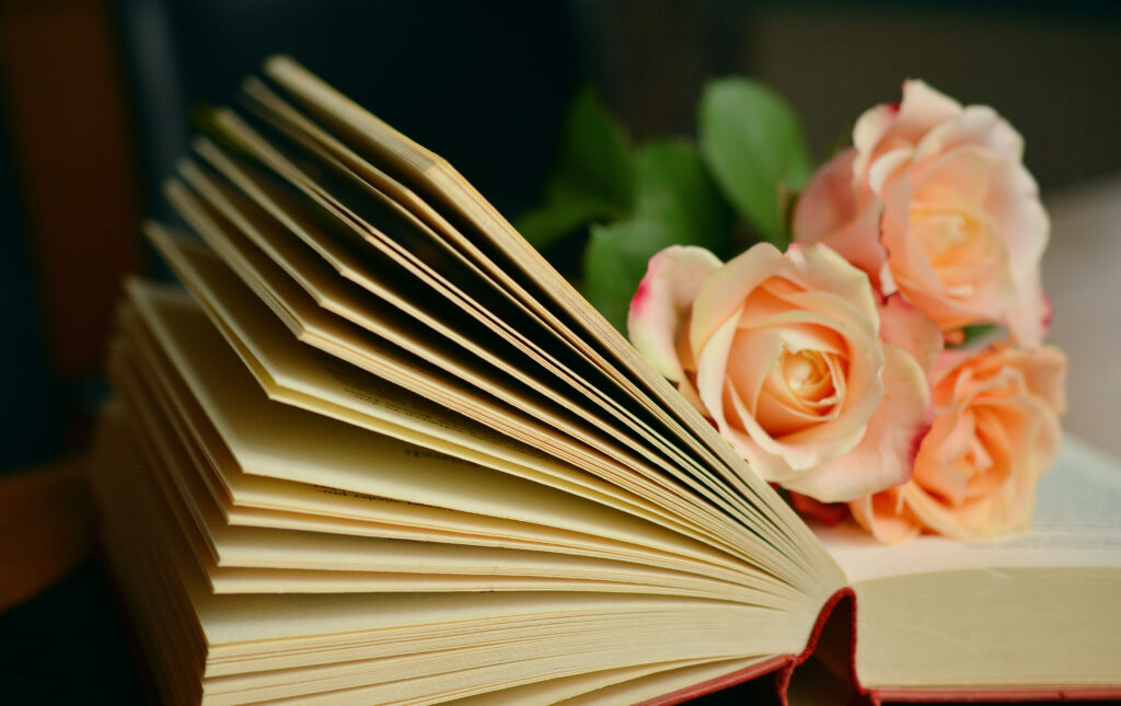 Blossoming Inspiration: Vibrant Trio of Light Orange Roses Adorning an Open Book Wallpaper