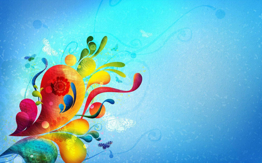 Enchanting Butterflies and Flourishing Flowers: A Vivid Digital Masterpiece on a Serene Blue Canvas Wallpaper