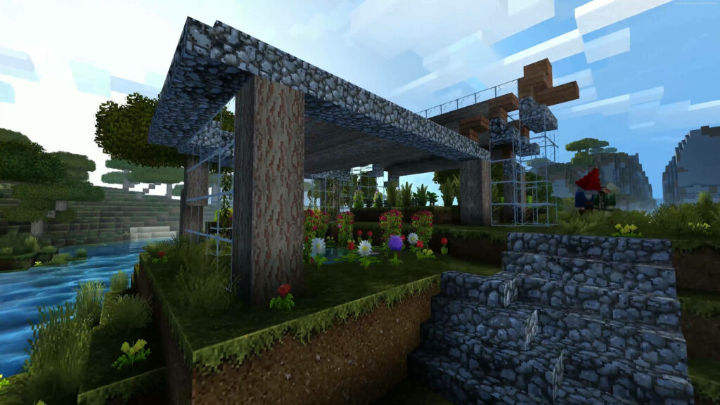 Blooming Paradise: Immersive 4k Minecraft Background Showcasing a Captivating Floral Haven within a Brick Oasis Wallpaper