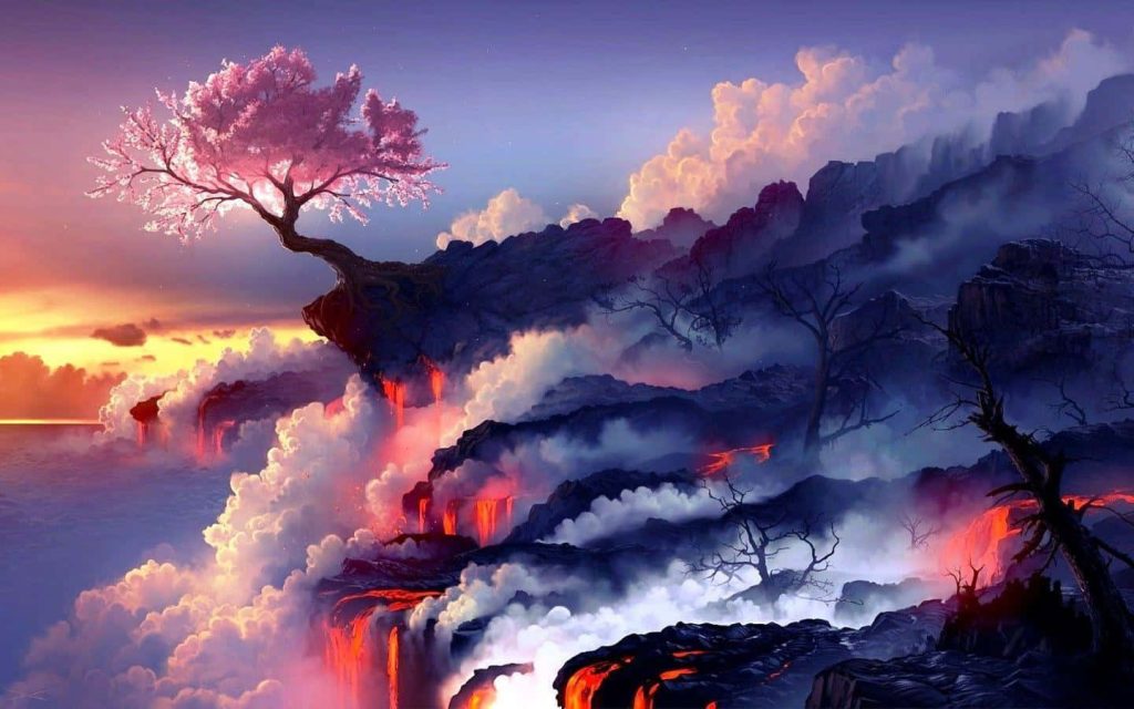 Blooming cherry blossom tree on cliff above flowing lava dark volcanic rocks sunset sky Wallpaper