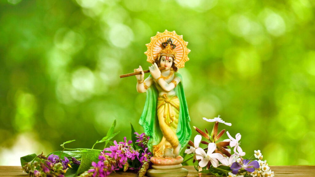 Floral Adorned Divine Krishna: An Enchanting HD Background Photo Wallpaper