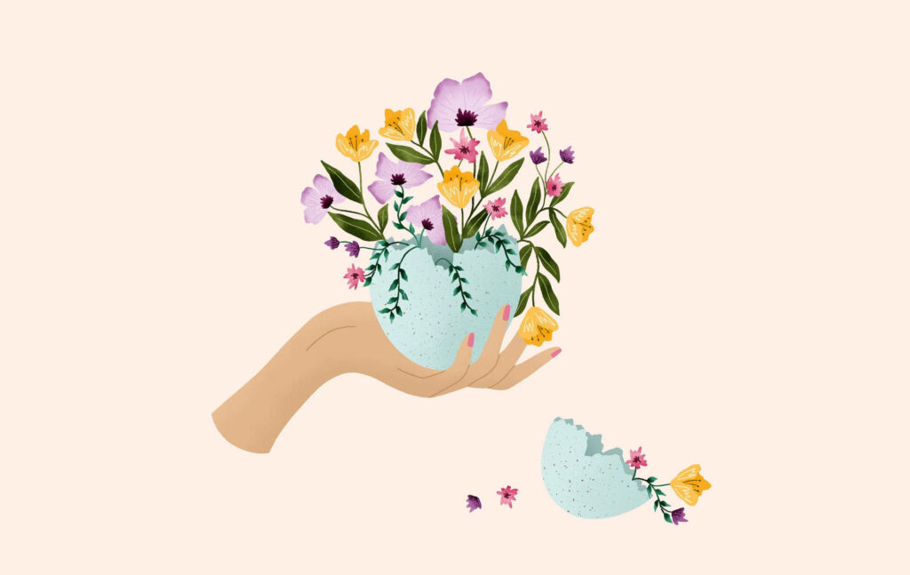 Beautiful Aesthetic Floral : Hand Holding the Flower Pot - Pastel Colorful Background Wallpaper