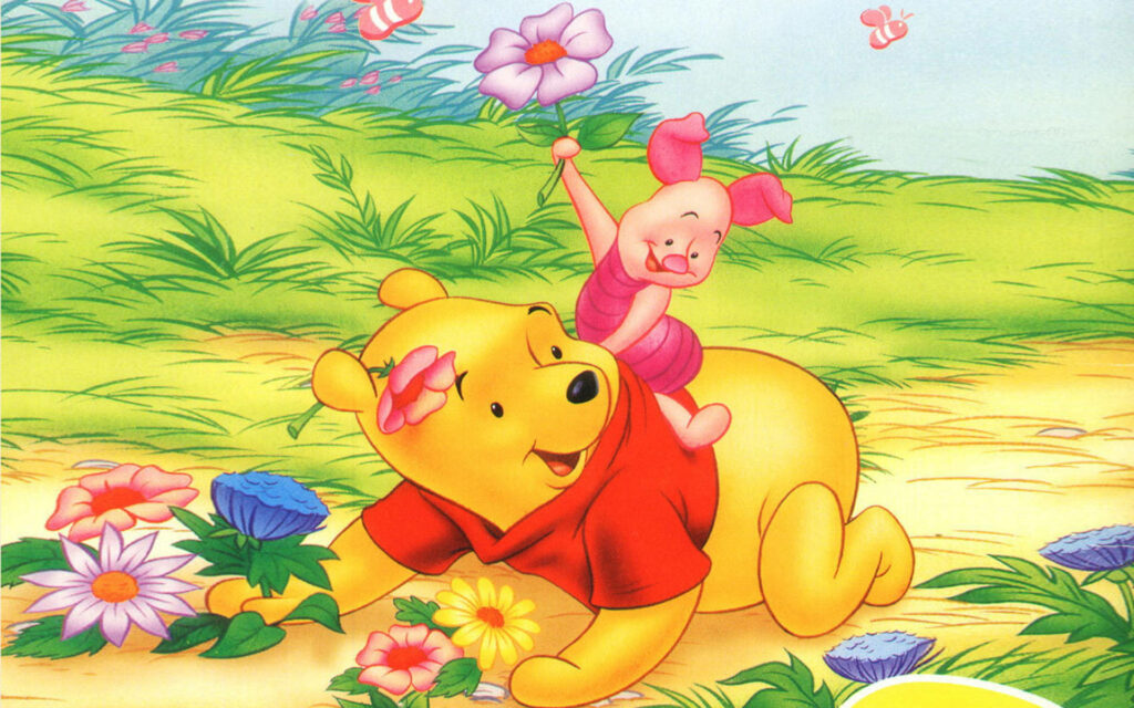 Blooming Friendship: Winnie The Pooh and Piglet on a Flower-Picking Adventure Wallpaper