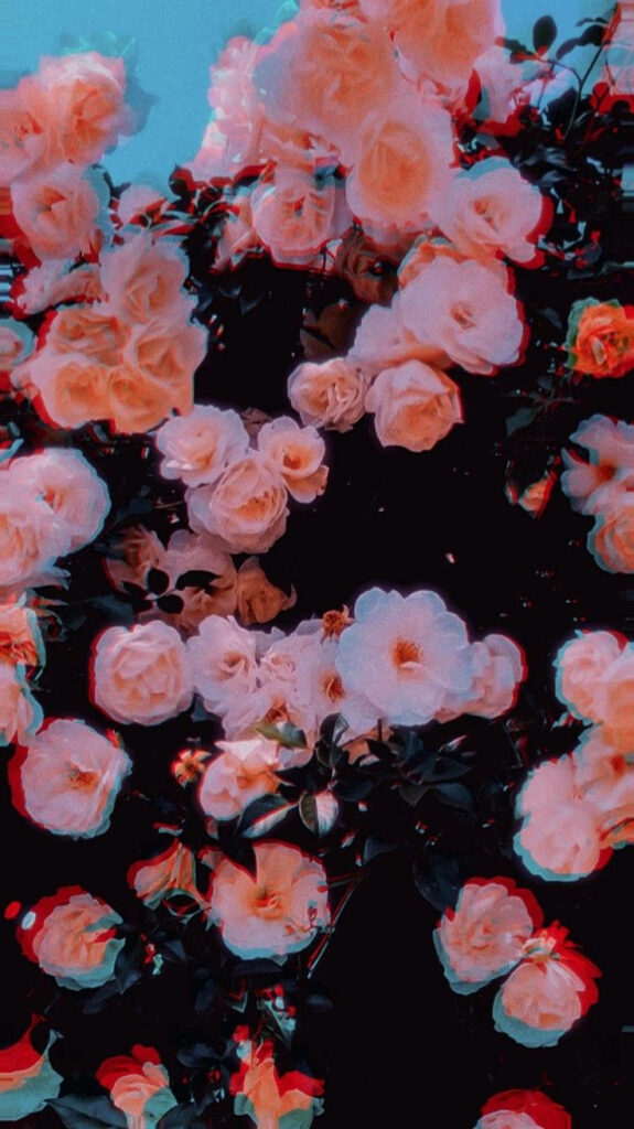 Roses in Technicolor: Vibrant Trippy Aesthetic Wallpaper Awash in Glitch Effects and Blue Tones