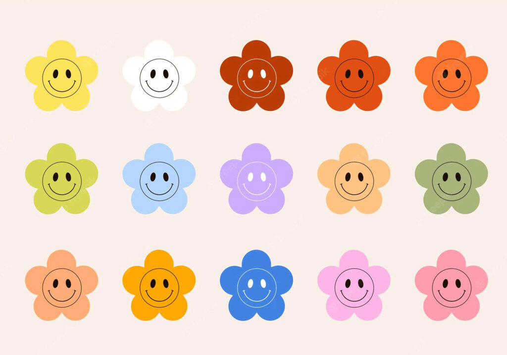 Infinite Floral Bliss: Vibrant Preppy Smiley Faces Blossoming on White Wallpaper