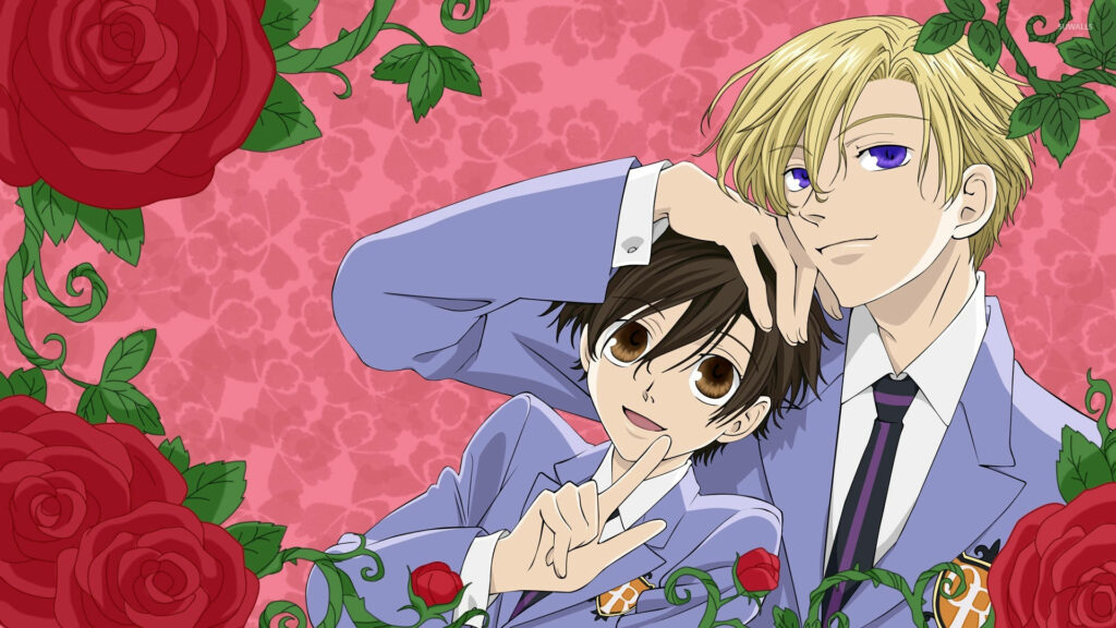 Blooming Romance: Haruhi and Tamaki Embrace in a Floral Wonderland Wallpaper
