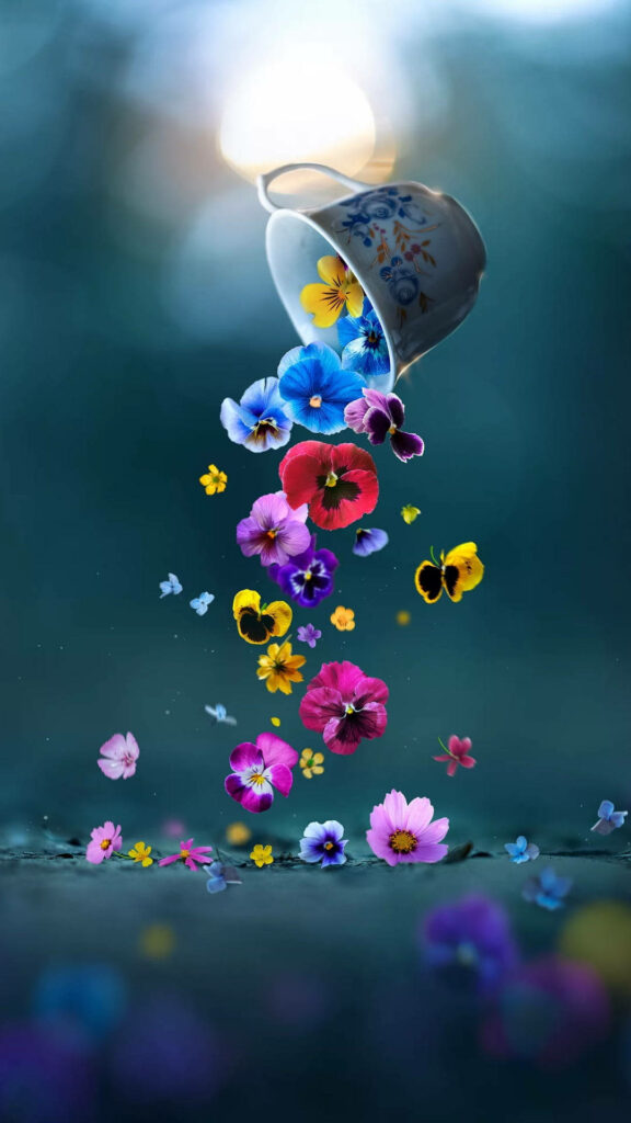 Flower Mobile: Vibrant Cup of Falling Petals in Backlight Brilliance Wallpaper