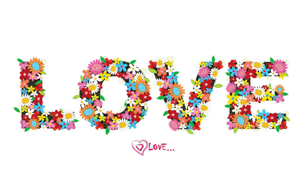 Colorful flower mosaic forming LOVE with handwritten script and heart on white floral wallpaper