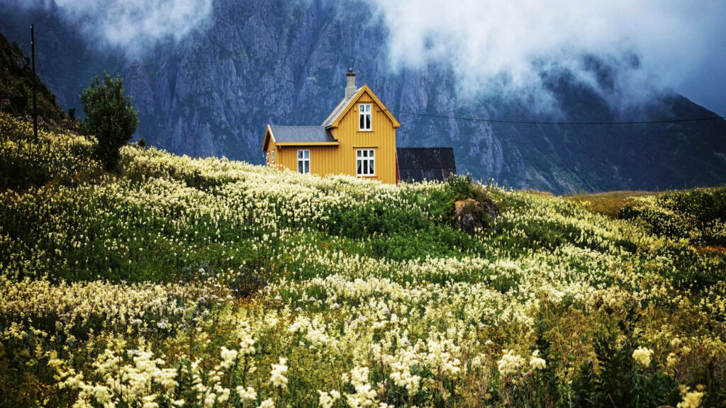 Spring Bliss: Captivating Apple Blossoms and a Serene Mountain Retreat on Your iPhone Wallpaper