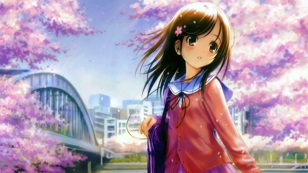 Blossoming in Spring: A Delightful Anime Schoolgirl Amidst Pink Cherry Blossoms Wallpaper