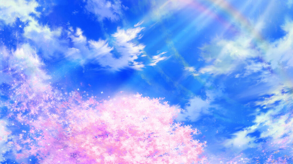 Radiant Beauty: Enchanting Anime Cherry Blossoms Woven into a Bright Blue Spring Canvas Wallpaper
