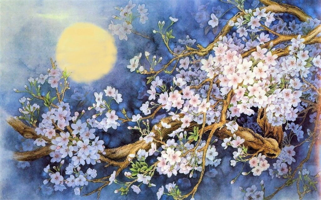 Blooming Serenity: A HD Artistic Portrait of Spring's Floral Symphony under the Moonlight Wallpaper