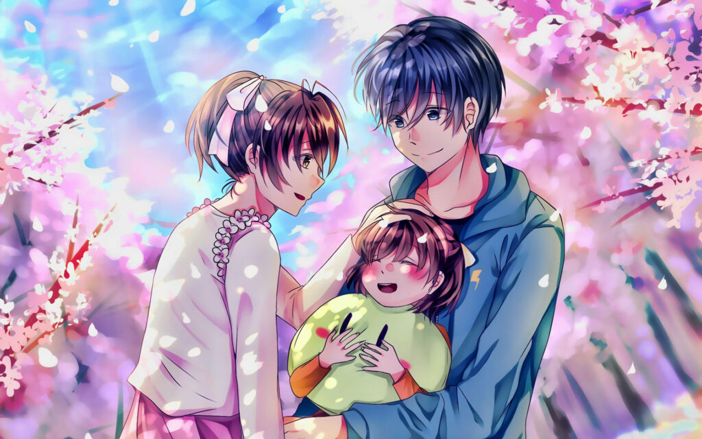 Blossoming Happiness: Tomoya, Nagisa, and their Cherished Daughter in an Anime Family Portrait Wallpaper