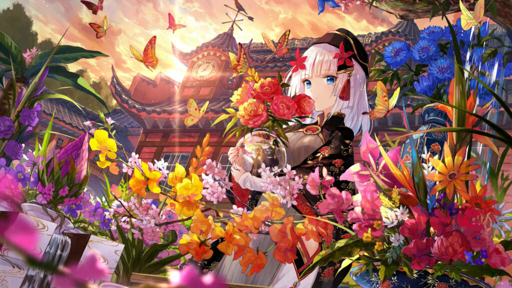 Serene Oriental Haven: Exquisite 8k Anime Girl Art Amidst Blossoms and an Asian Architectural Wonderland Wallpaper