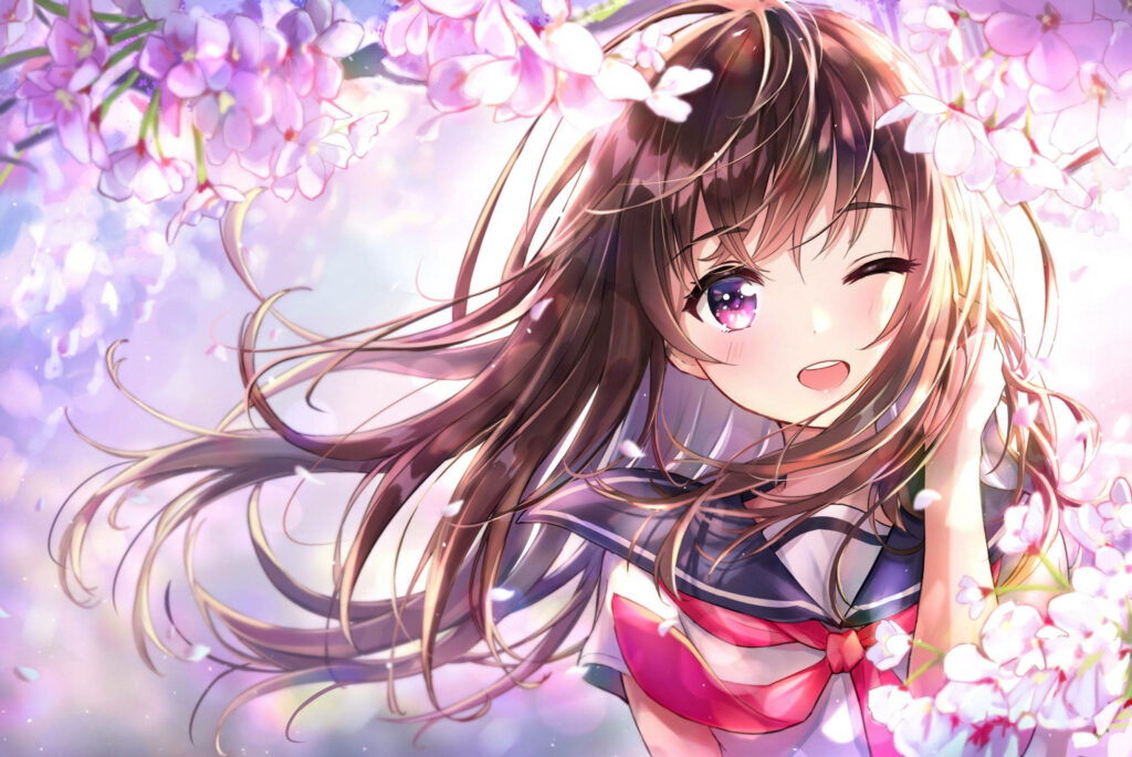 A Blossoming Beauty: Adorable Anime Girl Embraced by Cherry Blossoms in her School Uniform Wallpaper