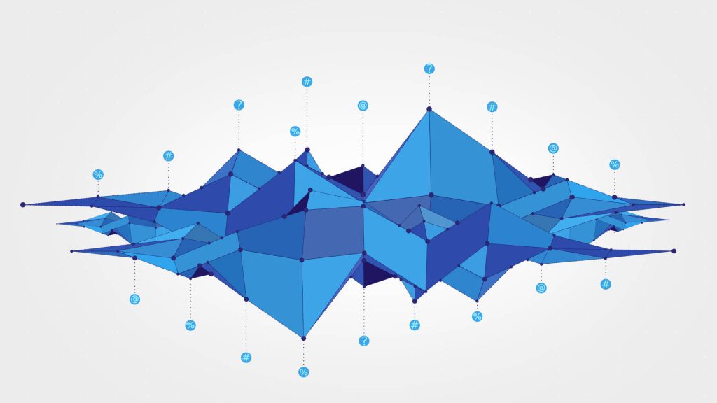 Blue 3D geometric graph wallpaper with polygonal peaks and data symbols for modern design