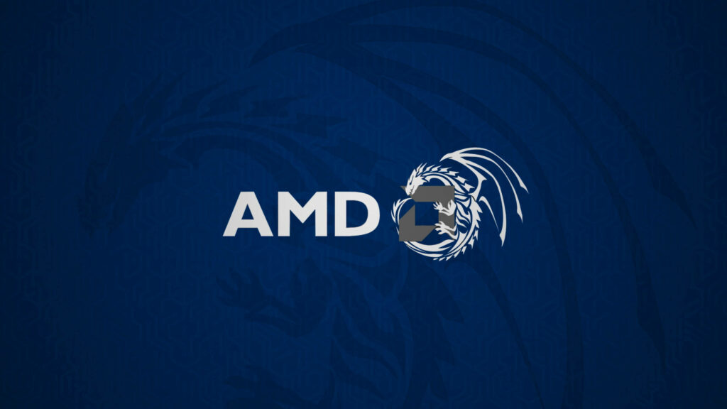 Blue wallpaper with AMD logo and dynamic white dragon blending technology and myth design